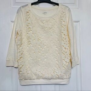 LOFT 3/4 sleeve cream top with embroidered overlay